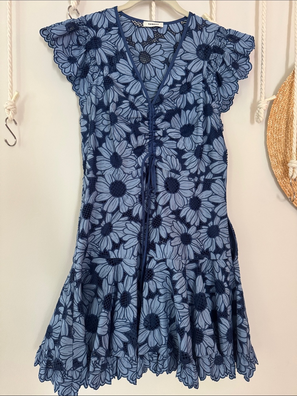 Sandro Blue Daisy Lace Fit-and-Flare Dress